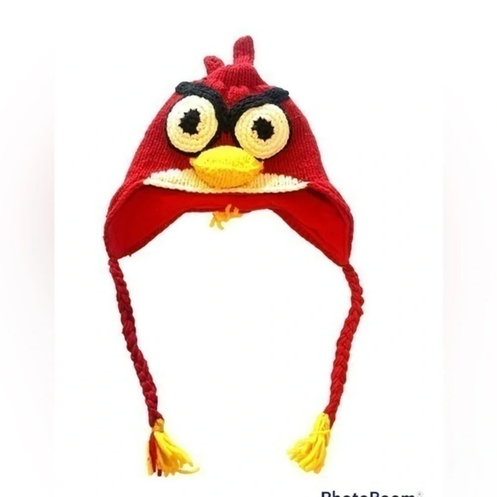 Vintage Angry Birds Wool Hat with Tassels Crochet Knit Red White Yellow Black